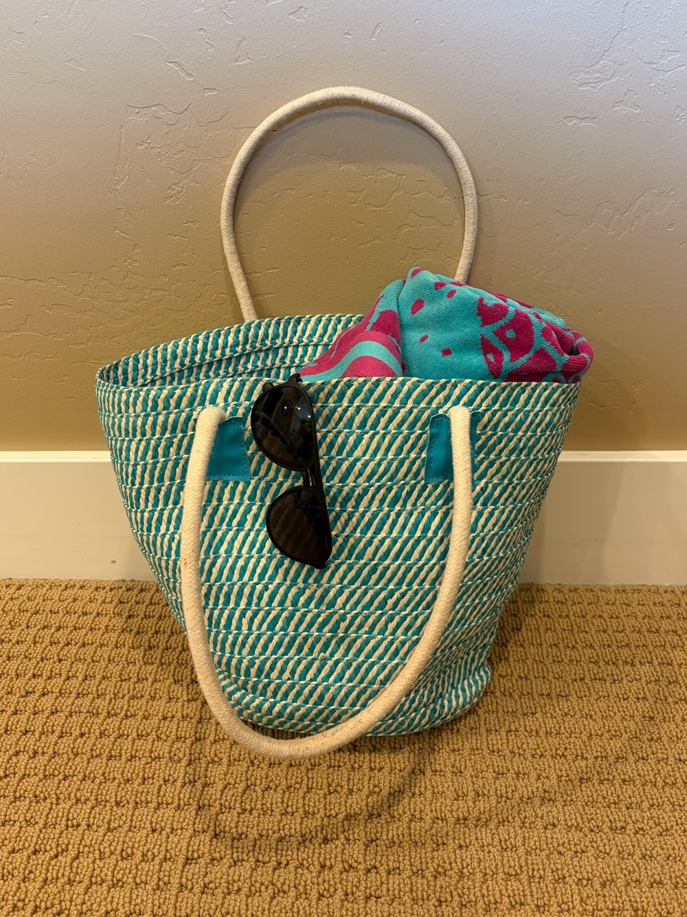 Teal & White Woven Beach Tote with Rope Handles